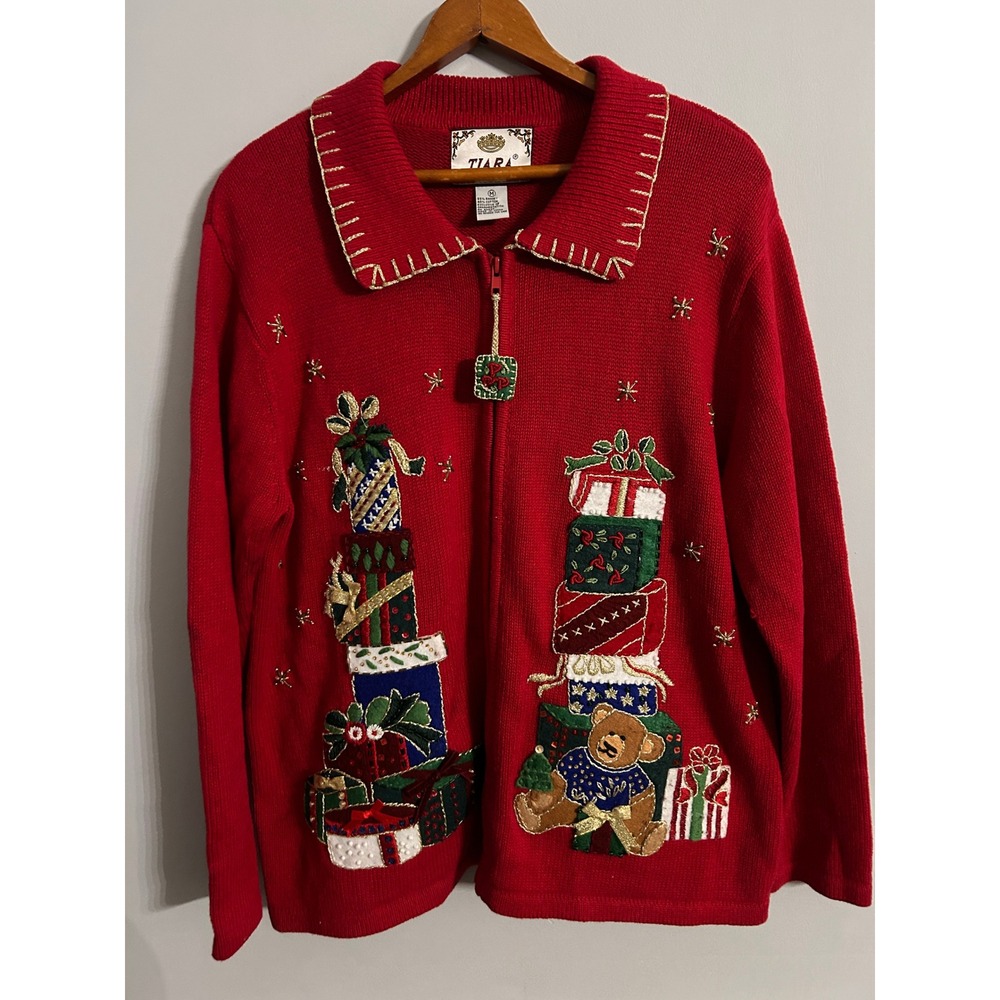 Tiara International Vintage Christmas Cardigan Red Embroidered Teddy Bear Medium